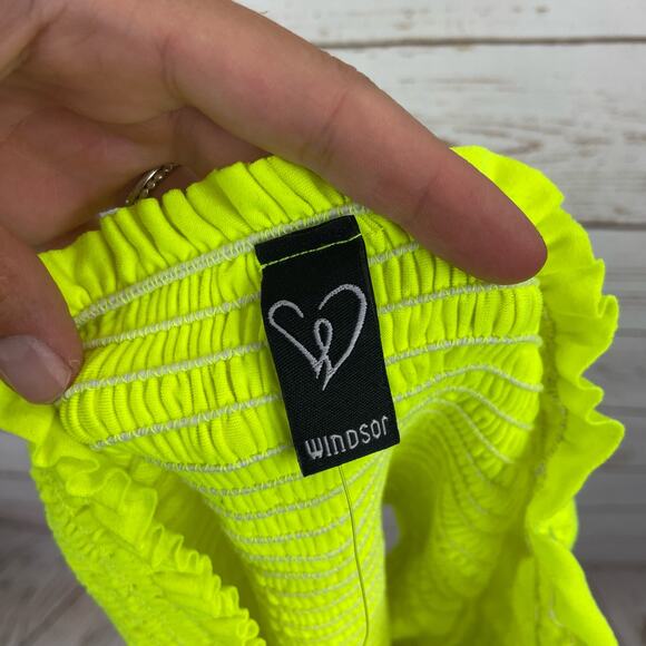 Windsor S/M Bright Neon Yellow Smocked Ruffle Trim Strapless Cropped Tube Top - Picture 5 of 6